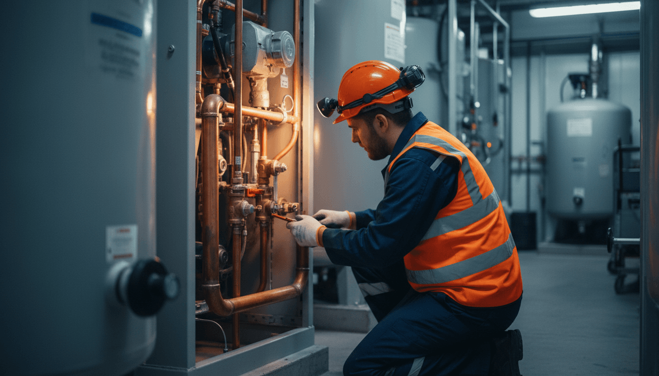 A Purple engineer working on pipework in a commercial plant room