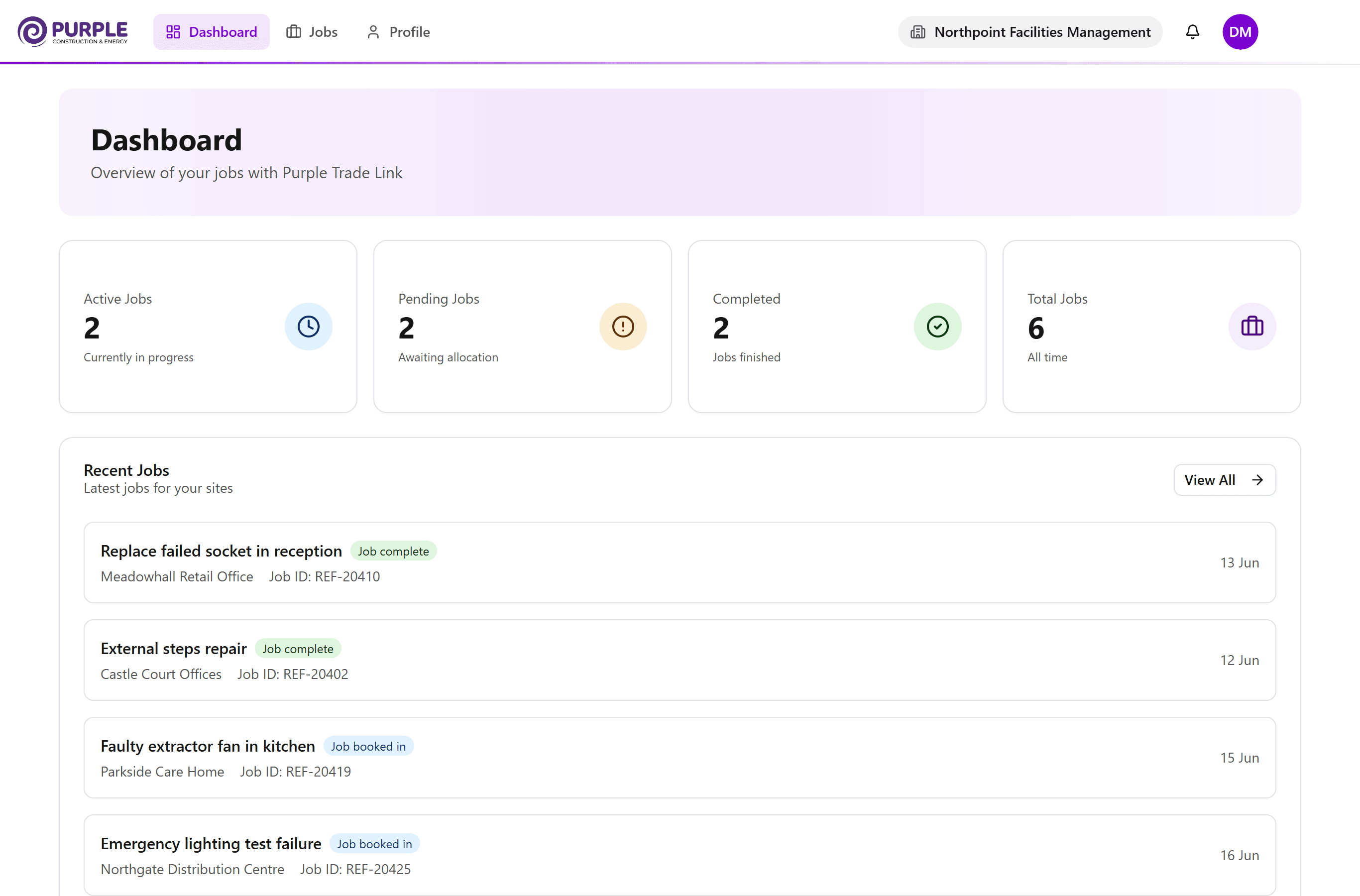The Purple portal dashboard, showing job counts for every site alongside a list of recent jobs and their status