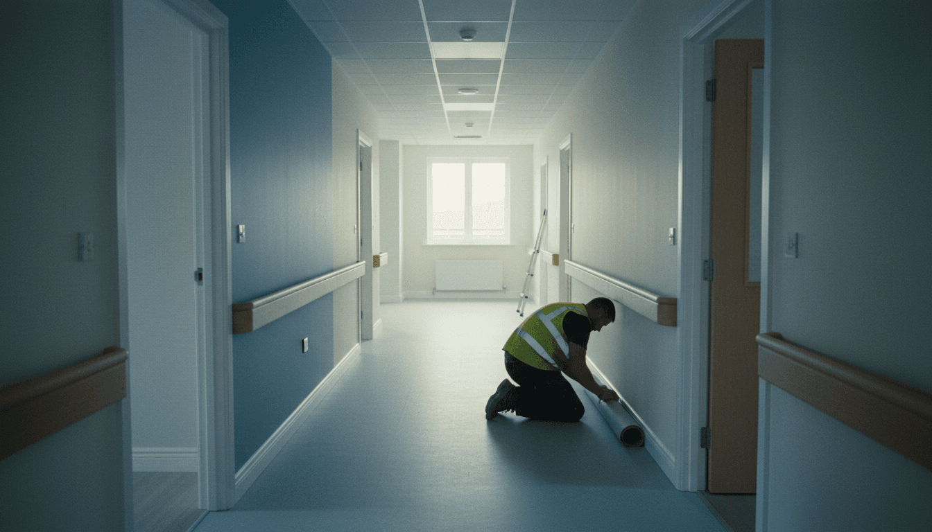 A care home corridor part-way through refurbishment, with new flooring going down and a new handrail being fitted